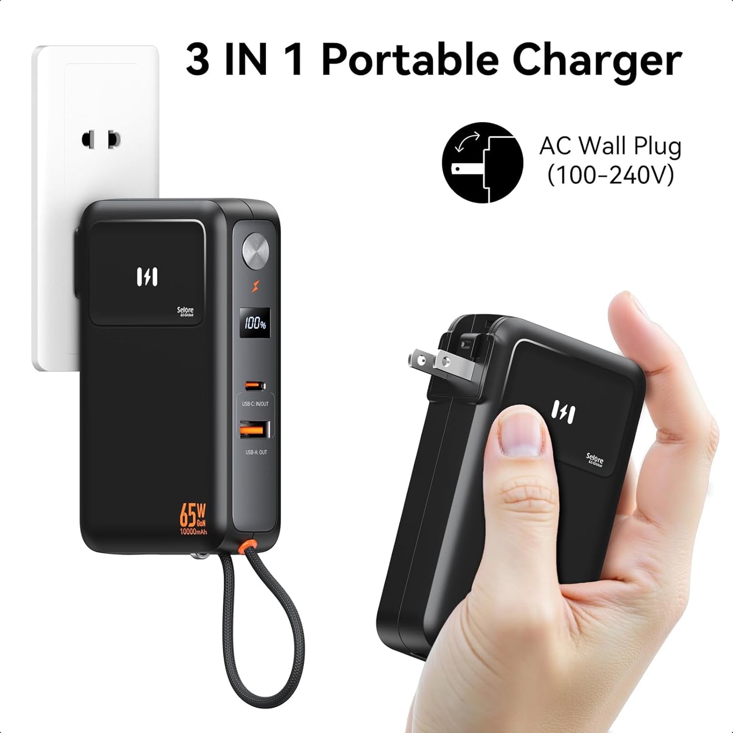 Fast Charging Portable Charger Power Bank 10,000mAh PD35W USB-C Battery Pack with 65W GaN Wall Charger, Built in USB C Cable for iPhone 16/1514/13 Series, Laptop, Samsung, Pixel, MacBook, Dell