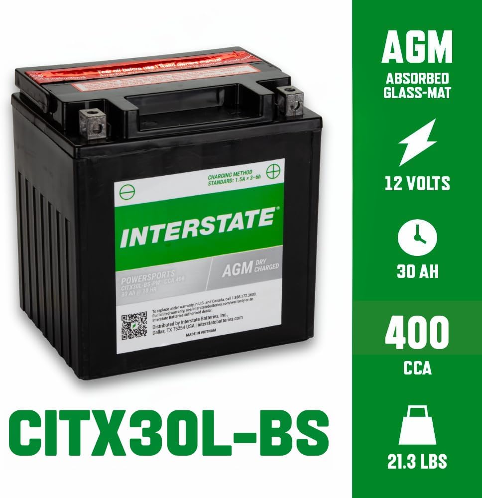 Interstate Batteries YIX30L-BS 12V 30Ah Powersports Battery 400CCA High-Performance AGM Rechargeable Replacement for Harley, Polaris, BMW Motorcycles, ATVs, UTVs, Snowmobiles (CITX30L-BS)