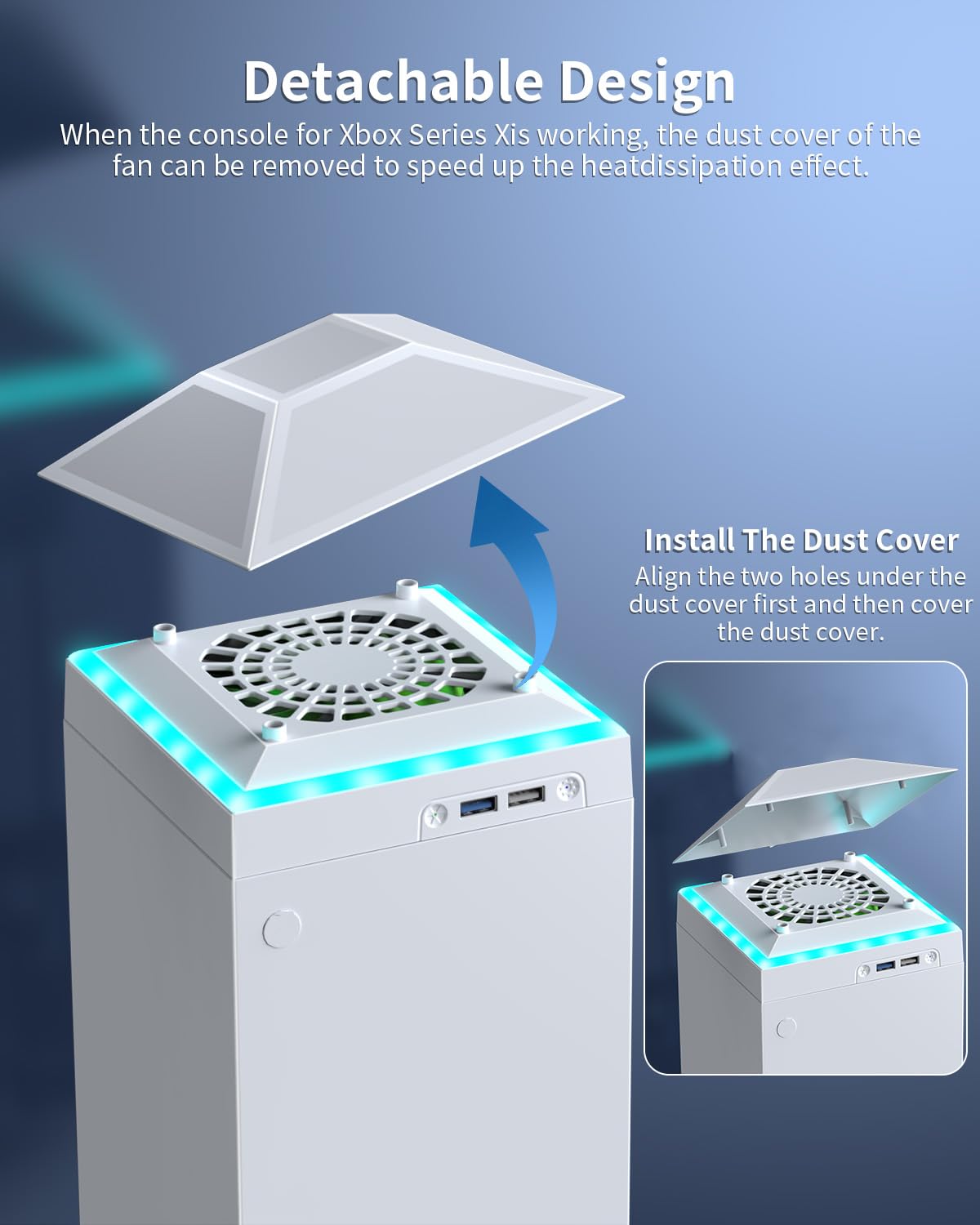 Cooling Fan Dust Proof for Xbox Series X Console with Colorful Light Strip,Dust Cover Filter,Rubber Dust Plugs,Low Noise Top Fan with 3 Gears,Cooler&Light Independent Touch Switch, 2 USB Port (White)