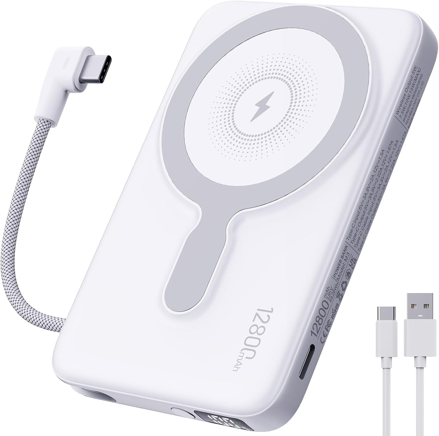 2025 Latest Magnetic Wireless Power Bank, 12800mAh Portable Charger with Built in Cable and Strap, LED Display Magnetic Battery Pack Travel Essential for iPhone 16/15/14/13/12/Pro/Mini/Pro Max Andriod