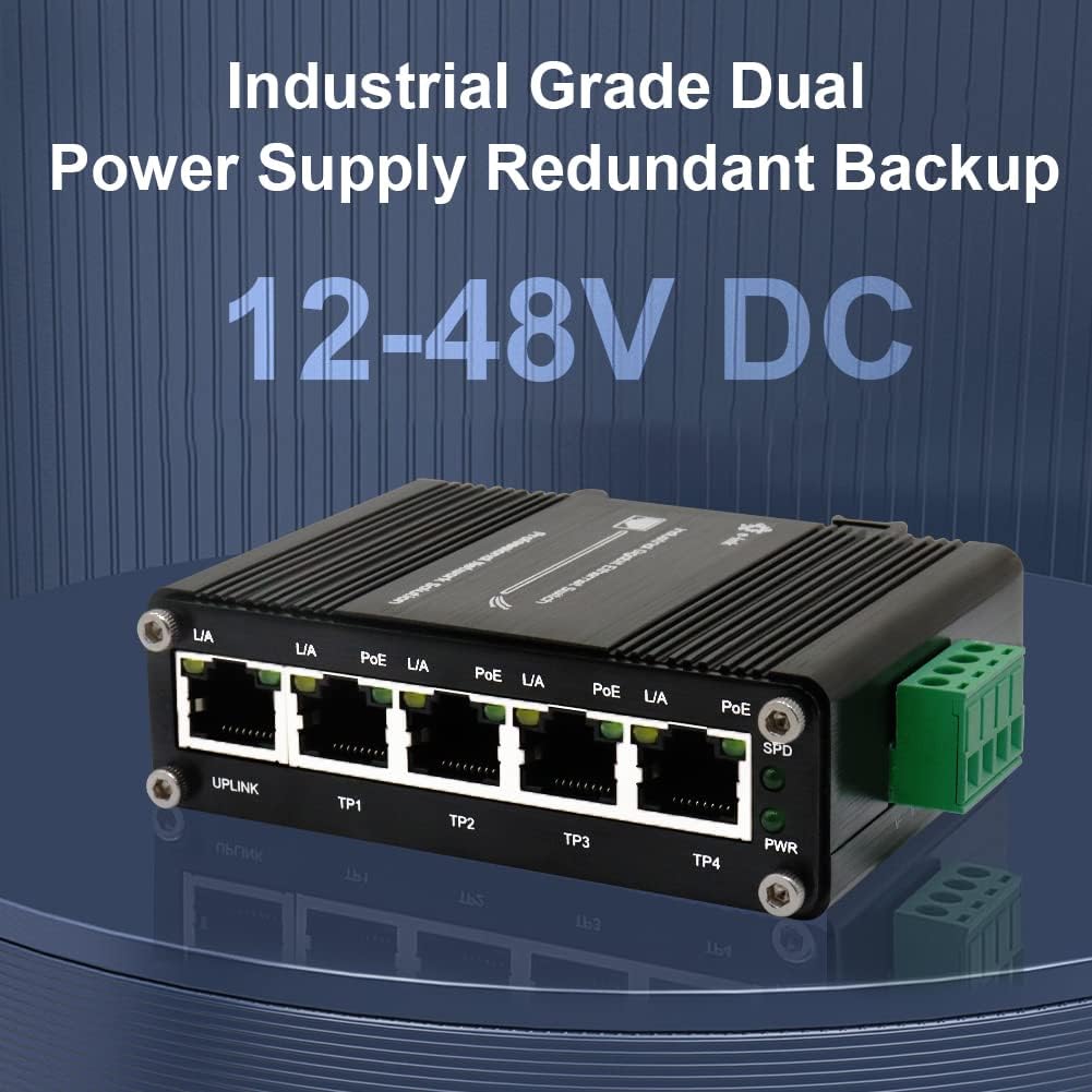 Mini Industrial 5 Ports Gigabit PoE Switch Hardened 5 Port RJ45 10/100/1000Mbps 802.3at Ethernet Switch Din Rail Mount PoE+ Switch (-40 to 167 ºF) 10Gbps Switching Capacity