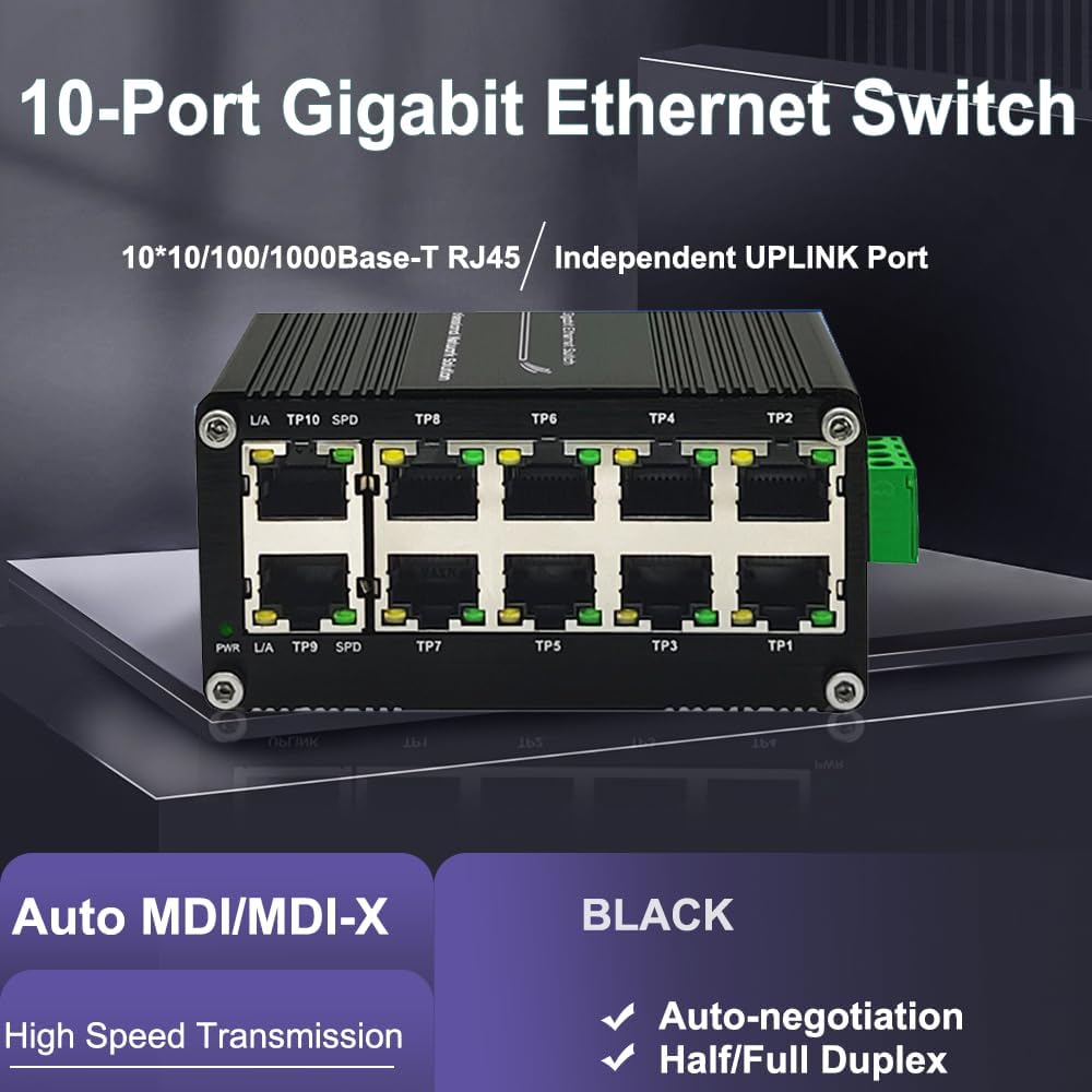 10-Port Gigabit Ethernet Switch,Industrial Design with Rugged Metal Case, Plug and Play, Full-Duplex Fast Ethernet Connectivity, Unmanaged Gigabit Switch, Compact Mini Size, Din-Rail or Wall Mount