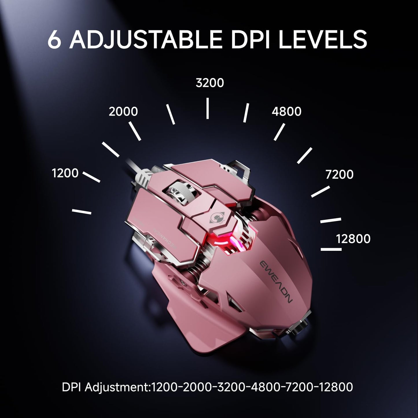 EWEADN G5 Wired Gaming Mouse, Ergonomic RGB Computer Mouse, 12800 Adjustable DPI, 9 Programmable Macro Buttons with Rapid Fire Key Compatible for PC/Laptop/Windows-Pink