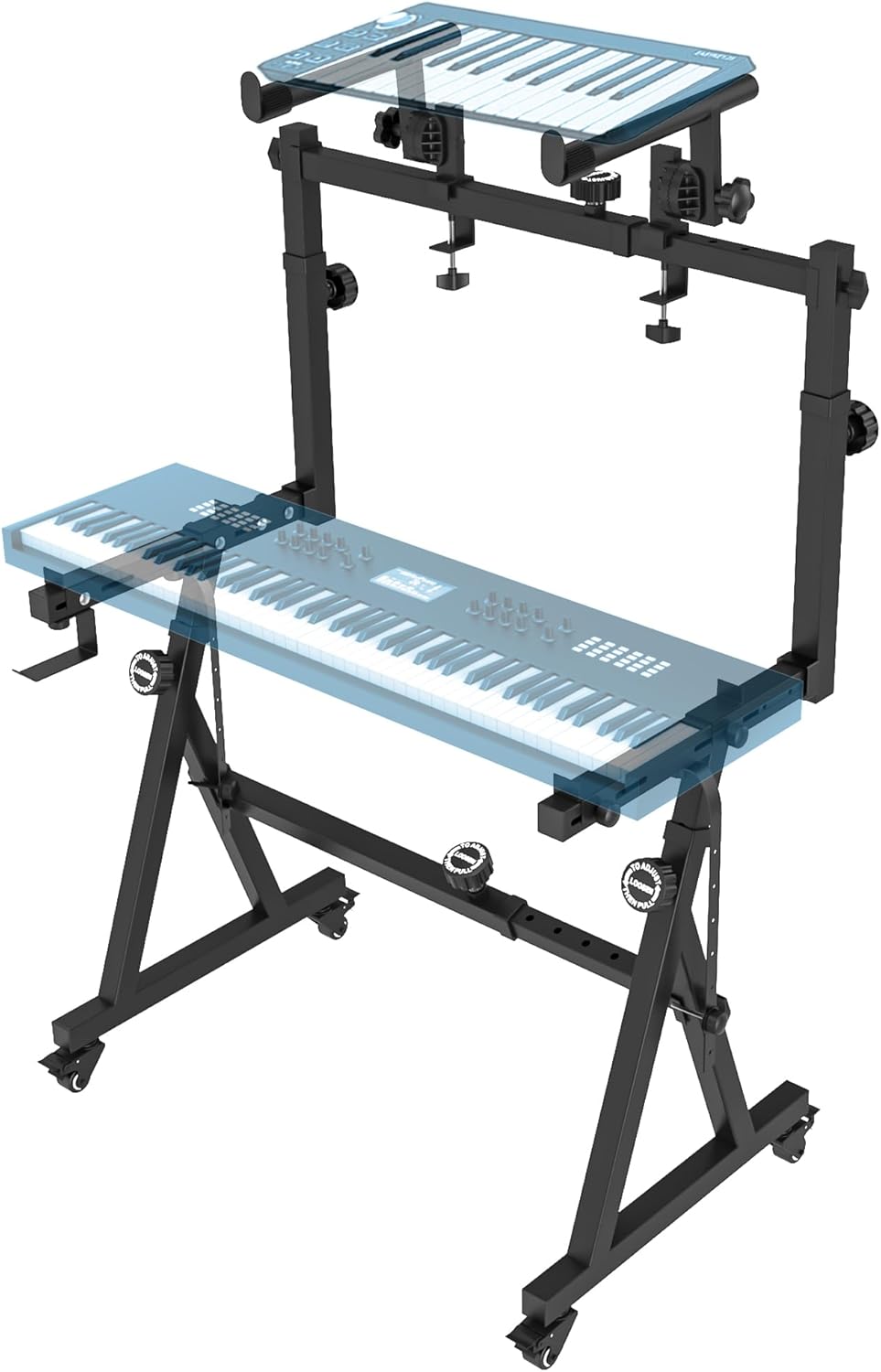 Dual Piano Keyboard Stand with 2nd Tier - Z Style Adjustable and Portable 2 Tier Heavy Duty Music Stand for Synths and Electric Digital Keyboards - Fits 54 61 88 Key Pianos