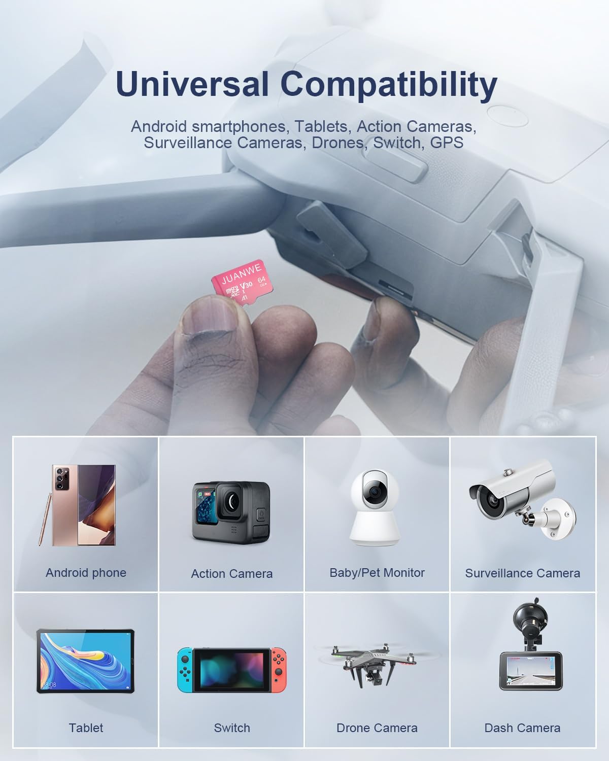 JUANWE 64GB Micro SDXC Card, UHS-I C10 U3 V30 4K UHD Video A1 TF Card with Adapter (Pink)