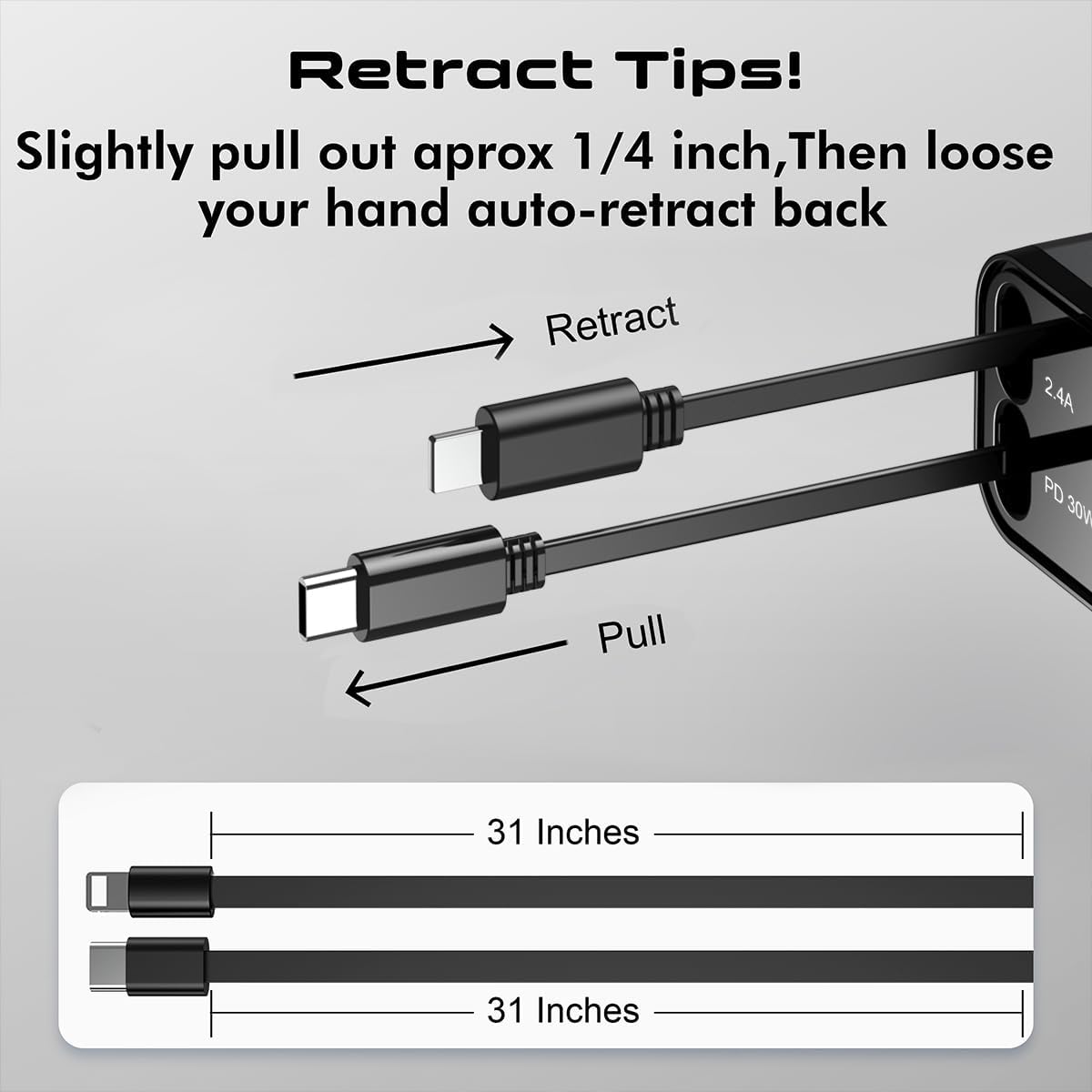 Fast Charger 4 in 1 Retractable Car Charger 69W with Starry Light,USB-C Fast Car Accessories,Compatible with All iPhones All Android Phones (Grey, Lightning & USB-C/Without Starry)
