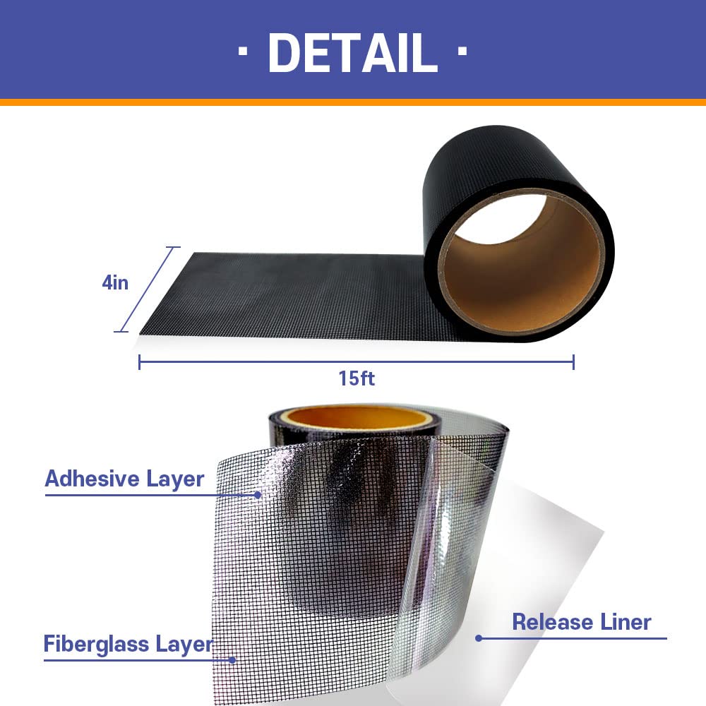 HA SHI Screen Repair Kit for Windows or Doors (4" x 15FT, Black) 3-Layer Strong Adhesive Tape, Made in Korea, Ease-Installation Fiberglass Covering Mesh