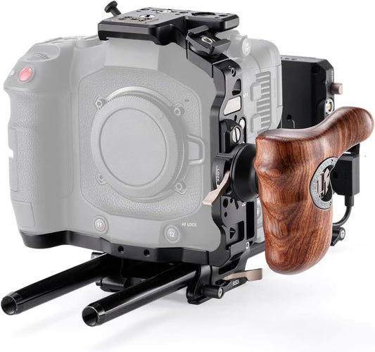 Tilta Camera Cage Compatible with Canon C80 Pro Kit - V Mount | Includes Tilta Universal 15mm LWS Baseplate, Wooden Handle, Battery Plate & More | NATO, Cold Shoe, 1/4"-20 & 3/8"-16 Threads