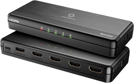 8K HDMI Splitter 1 in 4 Out, 1x4 Duplicate/Mirror Screens, HDMI 2.1, 8K@60Hz, 4K@240Hz (DSC), 4K@120Hz, Auto Downscaling, 48Gbps, HDCP 2.3, Compatible with Xbox, PS5, Blu-ray Player