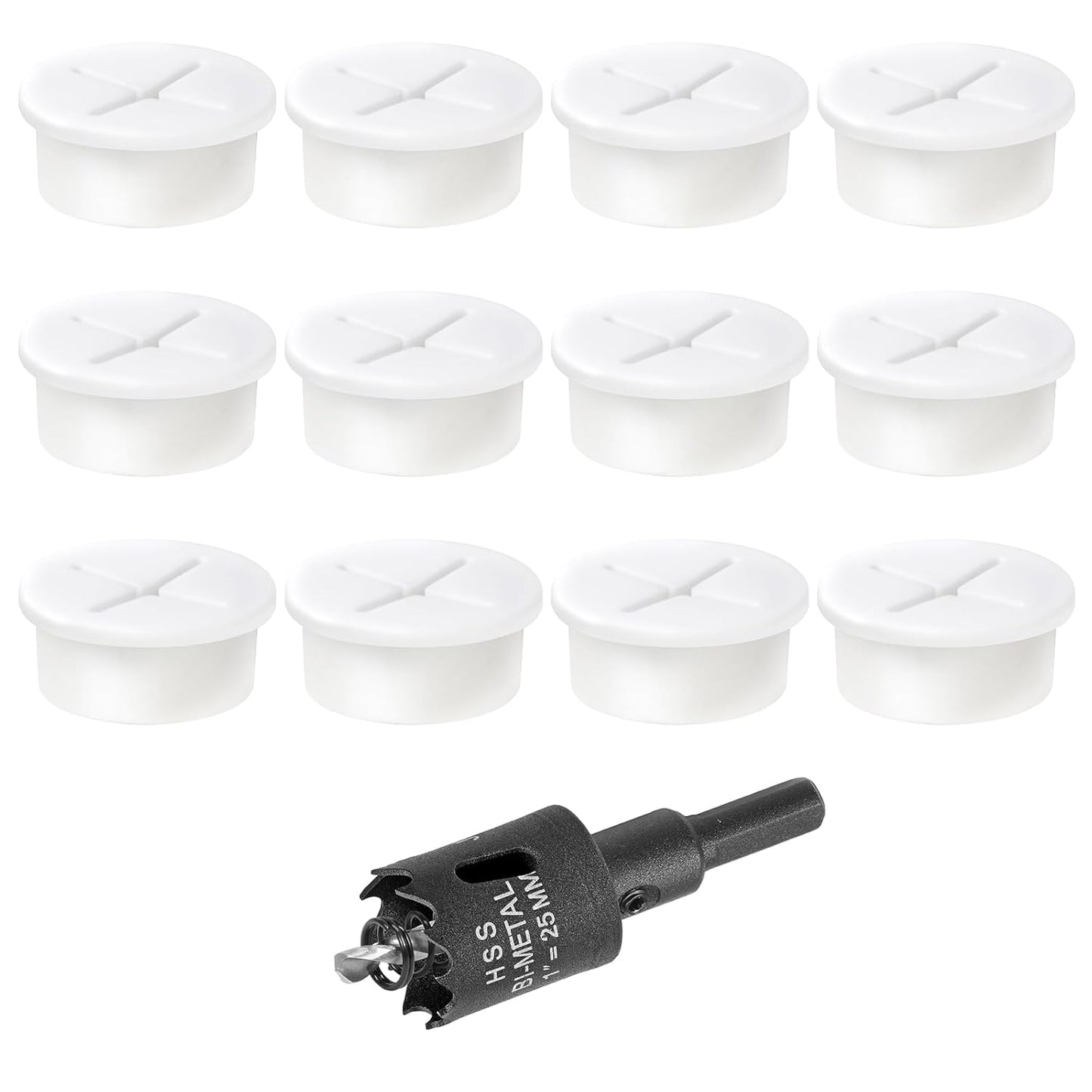 1" White Desk Grommet, JTemgle Flexible Cable Grommet with Bi-Metal Hole Saw Cross Rubber Cable Hole Cover Wire Organizer Caps Desktop Cord Management for Home Office TV Stands Tabletops, 13 Pieces