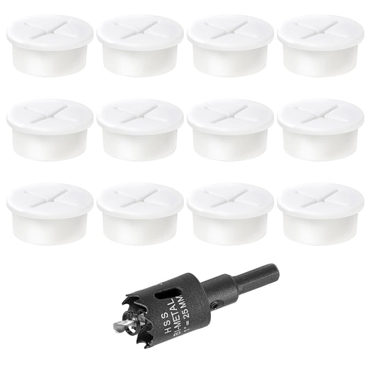 1" White Desk Grommet, JTemgle Flexible Cable Grommet with Bi-Metal Hole Saw Cross Rubber Cable Hole Cover Wire Organizer Caps Desktop Cord Management for Home Office TV Stands Tabletops, 13 Pieces