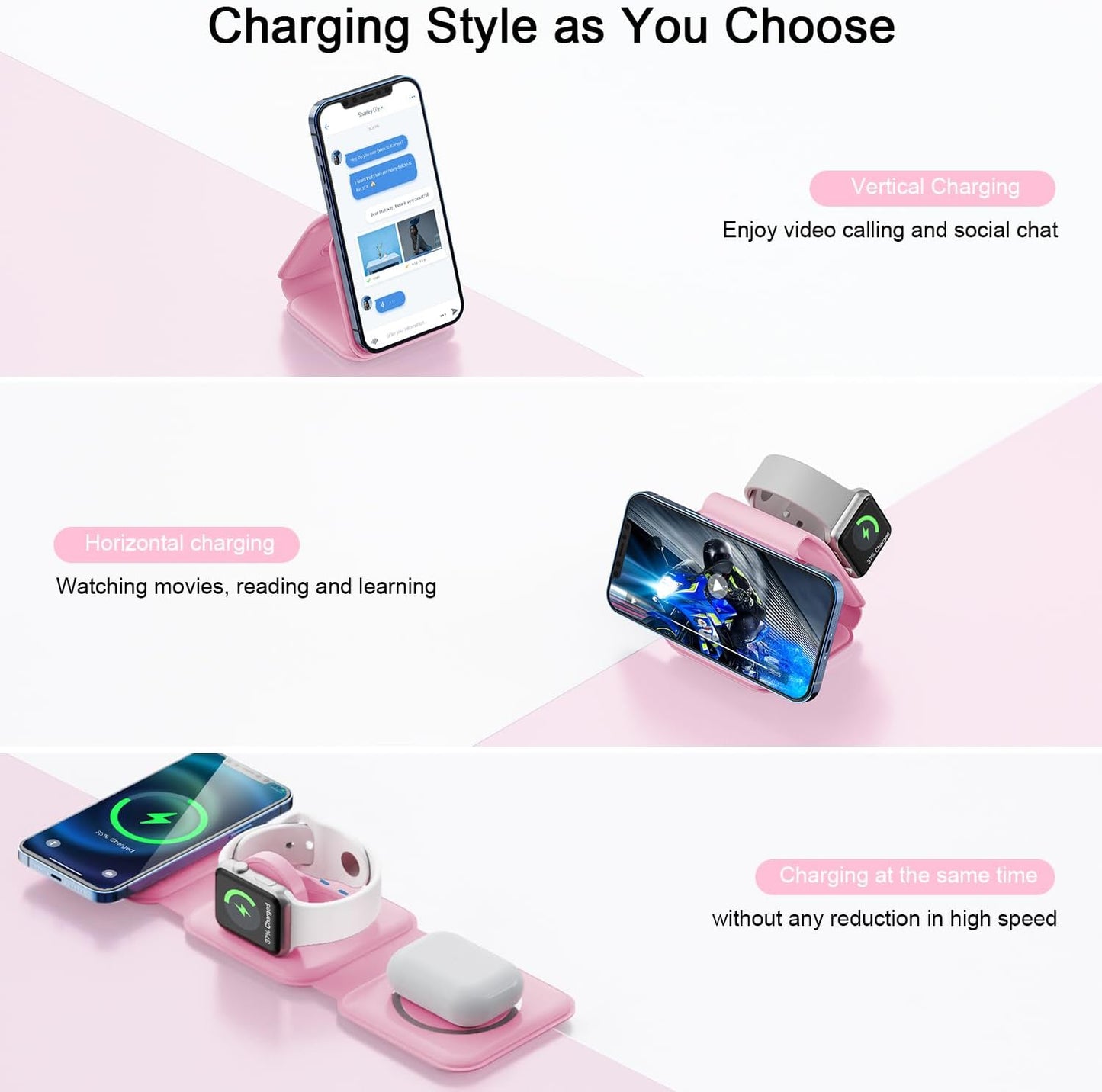 Wireless Charger 3 in 1,RTOPS Magnetic Travel Wireless Charging Station Multple Devices,GaN 3 in 1 Charging Station,Compatible for iPhone16/15/14/13/Pro/Max,iWatch,AirPods4/3/2/Pro(Adapter Includes)