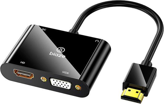 HDMI to VGA and HDMI Adapter, Dual Output 1080P Video Converter with Audio, USB-Powered HDMI Splitter for Laptop, TV Box, Projector, Monitor