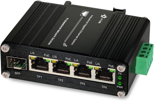 Industrial Gigabit 4 Ports PoE Ethernet Switch PoE+ Fiber Switch with 100/1000M Adaptive SFP Slot Din Rail Unmanaged 10/100/1000Mbps Network Switch IEEE802.3af/at 30W/Port Max 120W 12-48V DC