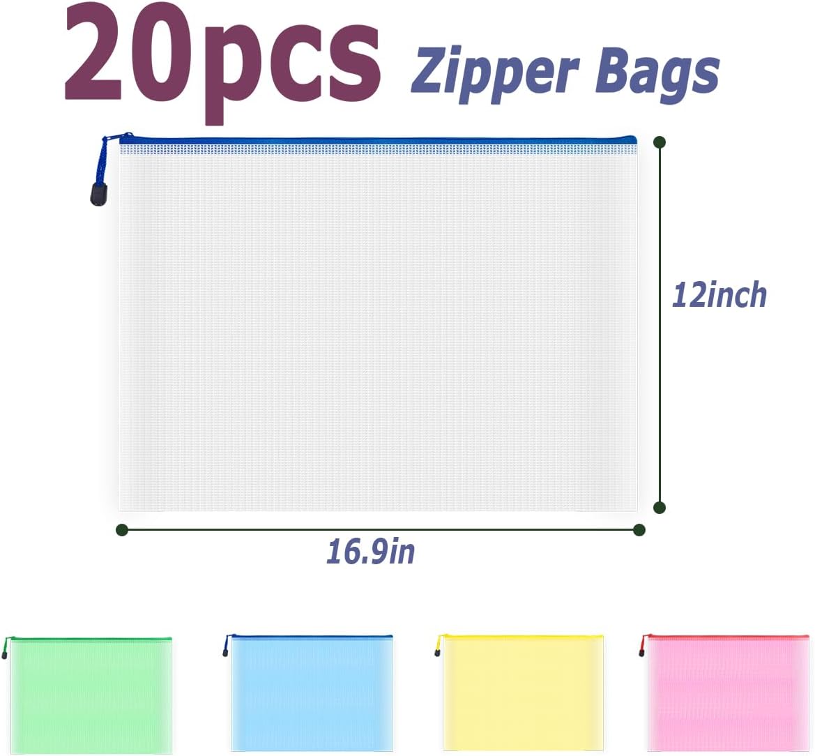 AUSTARK 20 Pcs Zipper File Bags, Plastic Mesh Pouch, Board Game Storage, Waterproof for Office School (A3 Size 16.9''x12'', Multicolored)