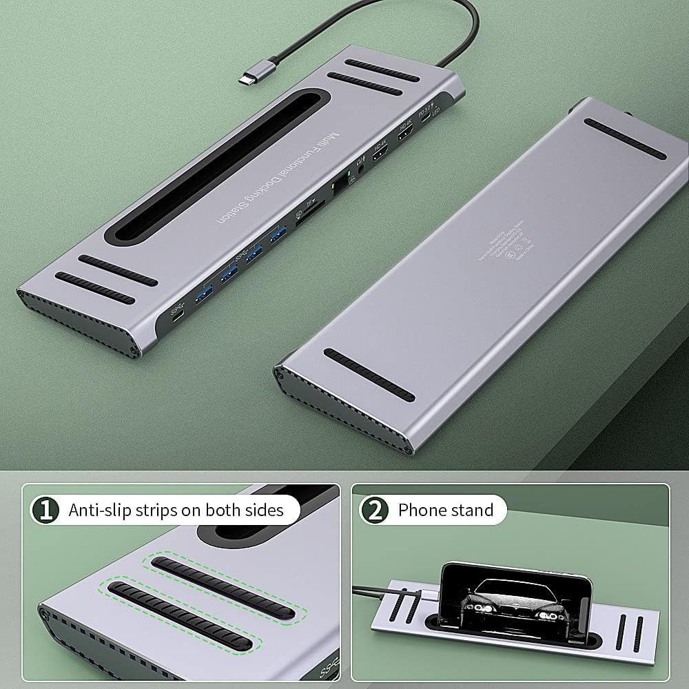 USB C Docking Station,Onten USB-C to Dual HDMI Adapter HUB .12-in-1 USB-A 3.0, USB-C 3.0 Gigabit Ethernet Dual-solt sd/tf Card Reader,PD 100w Charger (DP Alternative Mode Required)