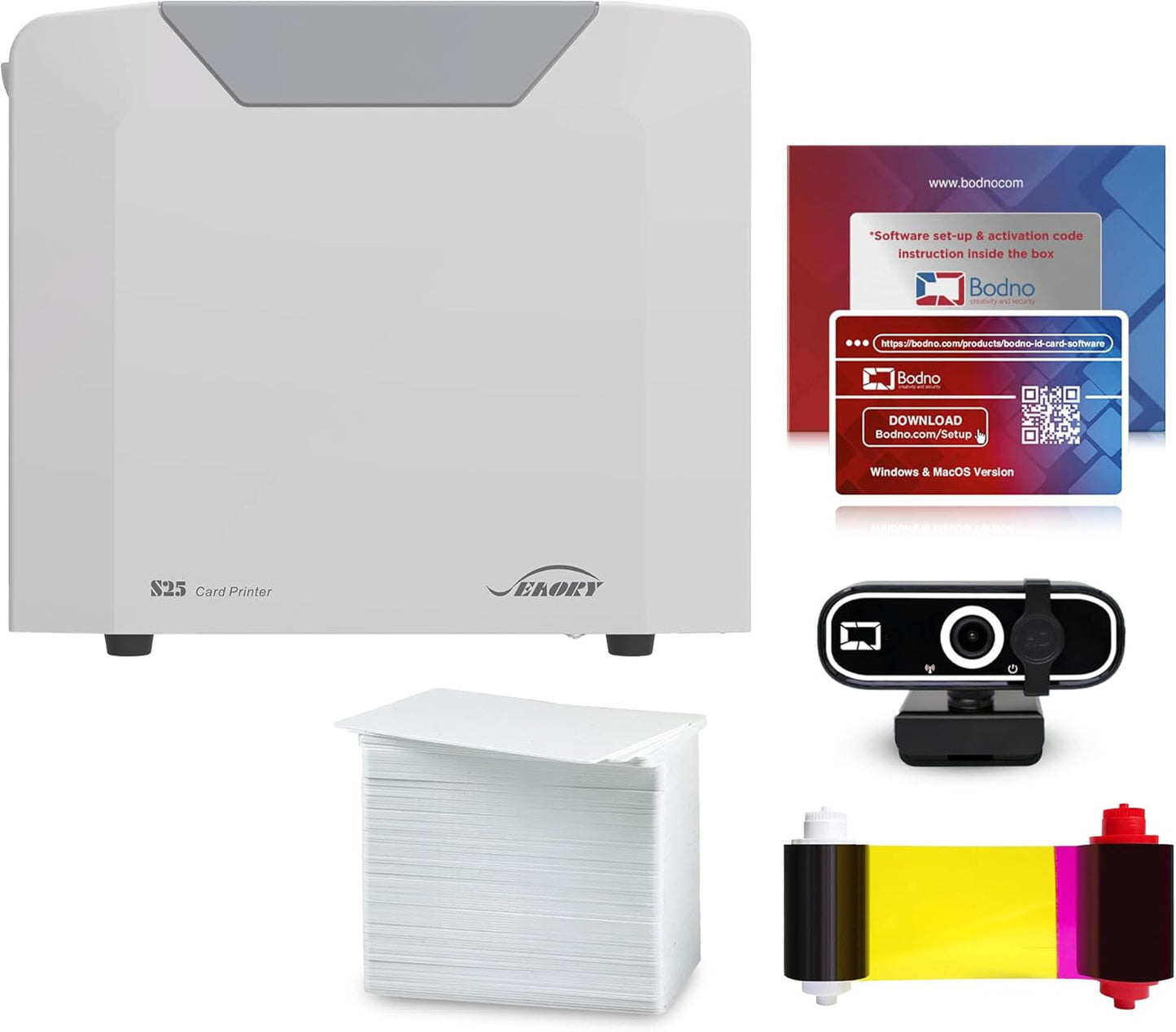Bodno Seaory S25 Single Sided ID Card Printer & Complete Supplies Package ID Software and Camera - Silver Edition