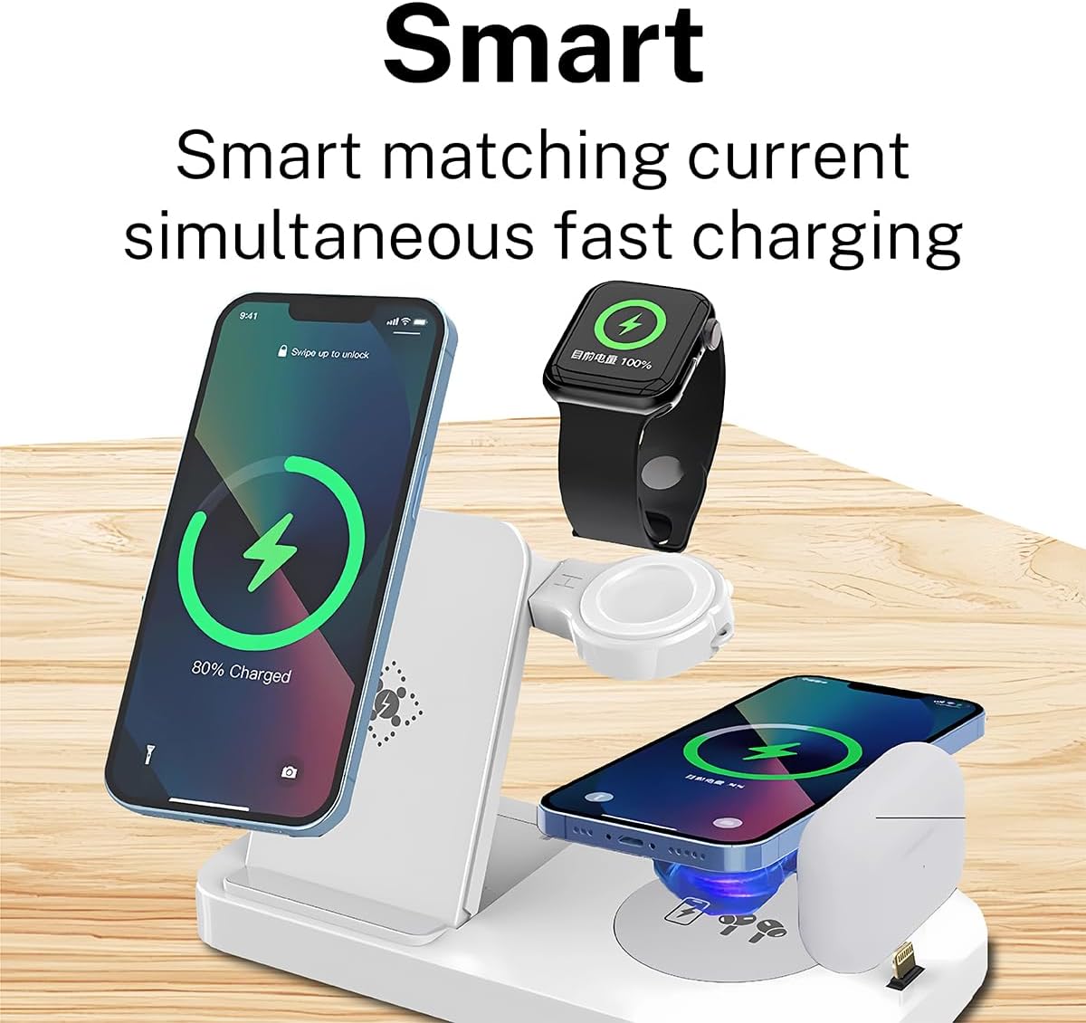 4-in-1 Fast Wireless Charging Station for iPhone16/15/14/13, Apple Watch Ultra/9/8, AirPods Pro,18W Qi-Certified (with QC3.0 Adapter)