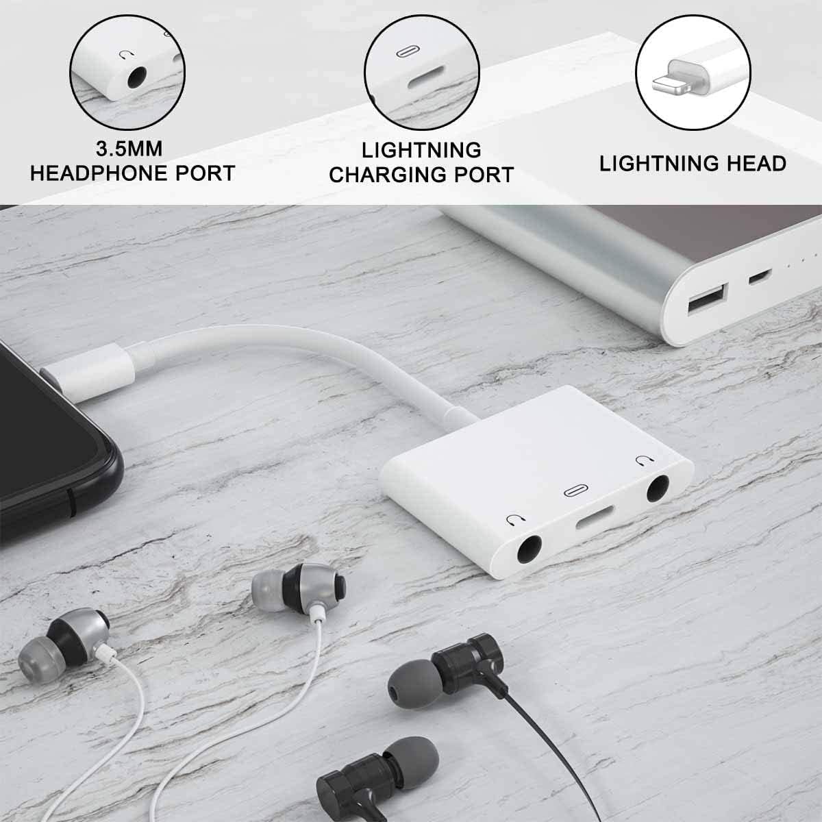3in1 Lighting to 3.5mm,Headphone Adapter for iPhone, Dual Earphone Jack Audio and Charging Adapter,Headphone Splitter for iPhone 14/13/12/11/XS Max/XR/8/7 Plus /6/ iPad,Support iOS 10 to16