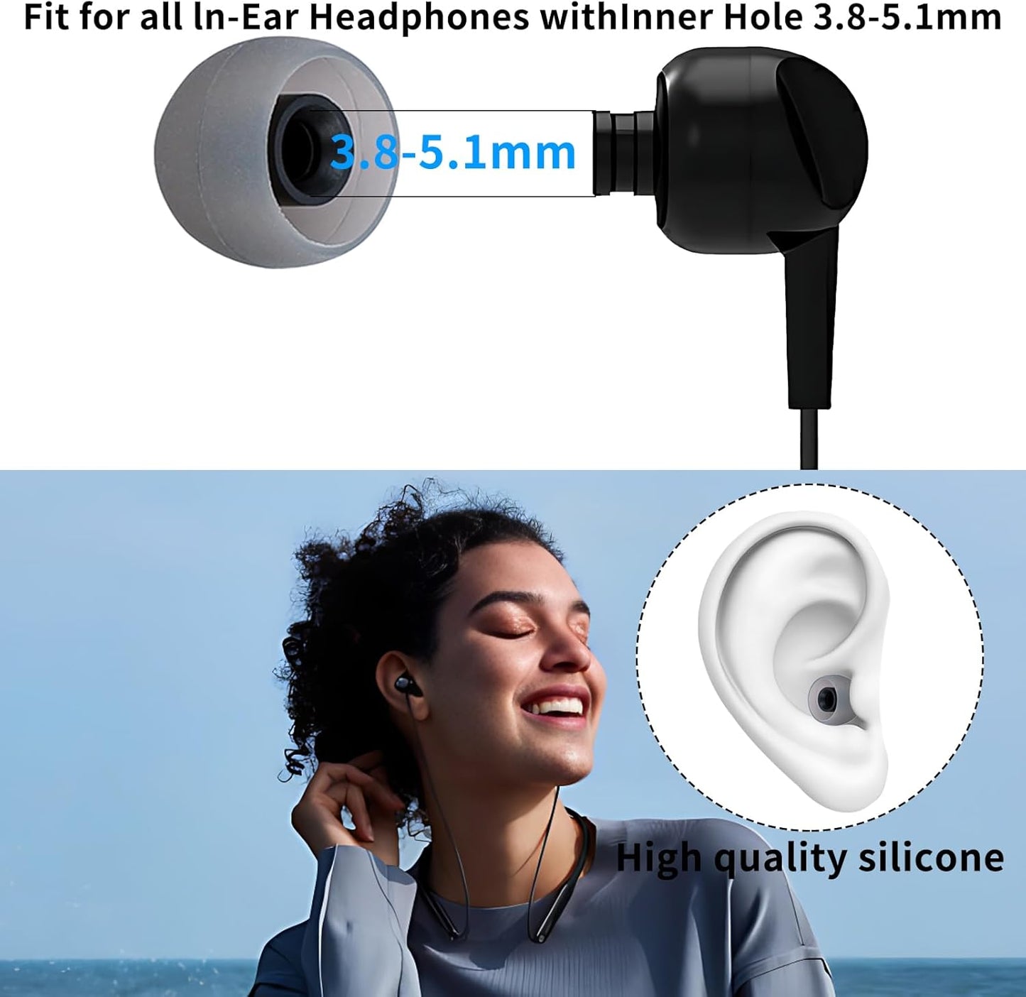 Earbud Tips Soft Anti Slip Washable Reusable Silicone Fit Most In-Ear Earbuds (Inner Hole 3.8mm-5.1mm) 18pcs S M L