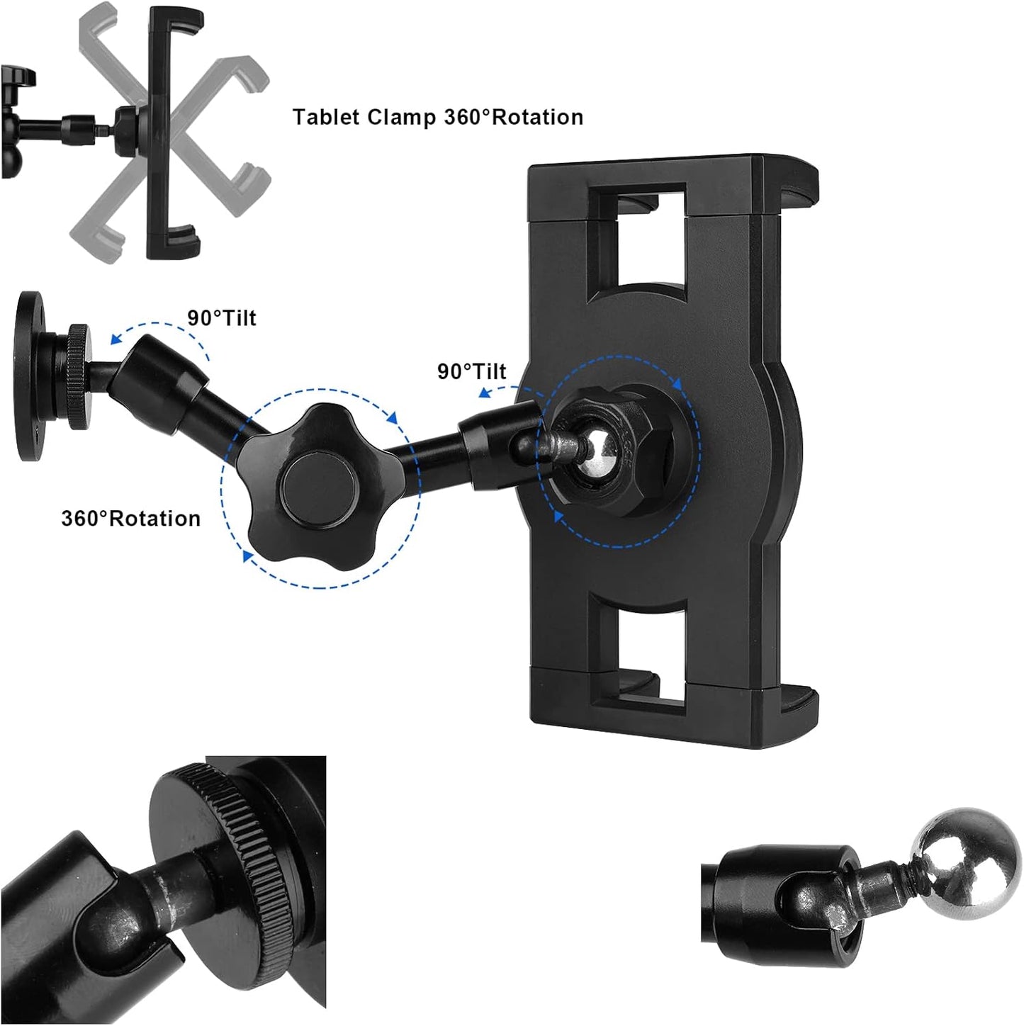 Heavy Duty Drill Base iPad Mount, Tablet Holder for Truck/Car/Boat/Wall/Desk/Vehicle Dashboard,360° Adjustable Aluminum Alloy Arm Mount Compatible with 7~12.9" iPad/Nexus/Fire HD/e-Book/Switch