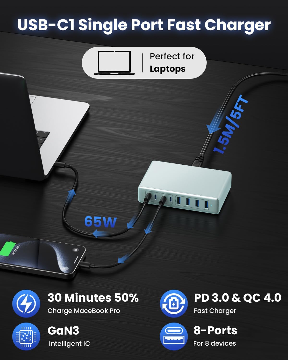 200W USB C Charger Block,8-Ports GaN III Fast Charging Station Hub,PD 65W Laptop Charger Wall Chargers Power Adapter for MacBook Pro/Air,DELL,Steam Desk,iPhone 16/15,Galaxy S25,Pixel-Light Blue