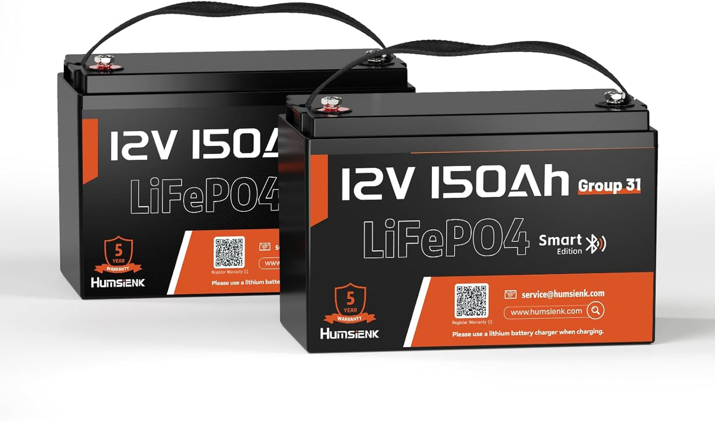 12V 150Ah LiFePO4 Lithium Battery BCI Group31 Bluetooth 2Pack,Built-in 110A BMS, Deep Cycle Battery for Solar, RV, Marine, Off-Grid Applications - 15000+ Life Cycles, Safe & Lightweight