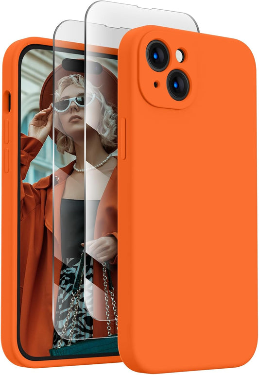 FireNova Designed for iPhone 15 Case, Silicone Upgraded [Camera Protection] Phone Case with [2 Screen Protectors], Soft Anti-Scratch Microfiber Lining Inside, 6.1 inch, Neon Orange