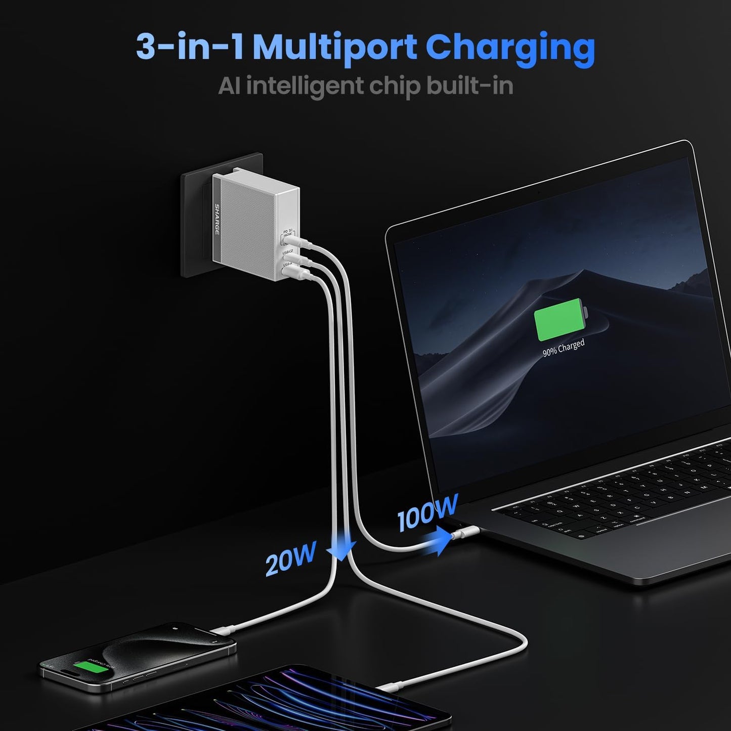 USB C Charger for Laptops 140W GaN Fast Charger with USB C and USB A, PD3.1 Power Adapter Compatible for MacBook Chromebook Surface iPhone 16/15 iPad PC Tablets (Cable Not Included)