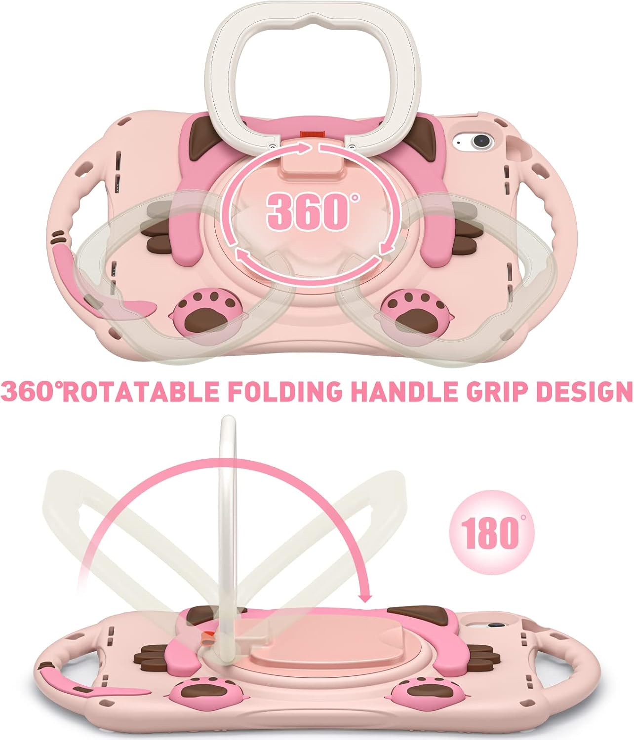BRAECN Cute Cat Case for iPad (A16) 11th/10th Generation 11”/10.9'' 2025/2022, Silicone Kids Boys Girls Case with Pencil Holder, Carrying Shoulder Strap, 360°Rotating Handle Grip, Kickstand -Pink