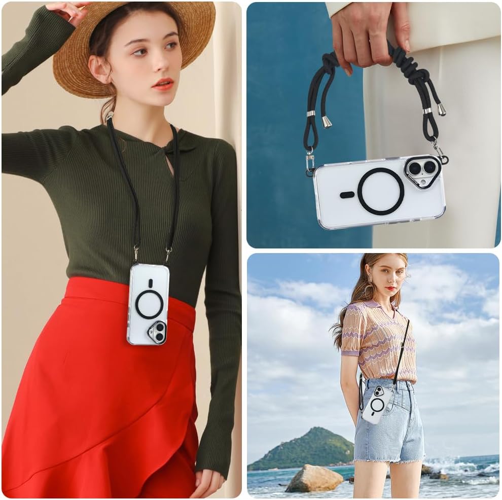 for iPhone 16 Case with 62.99 inch Lanyard, Classic Clear&Black Magnetic Phone Case, Drop&Shockproof Protection Cases, Phone Lanyard for Around The Neck, Compatible with Magnet Accessory