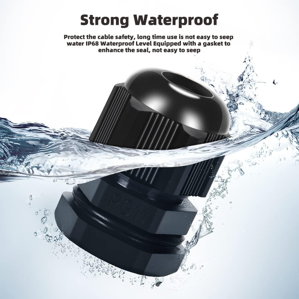 Cable Gland 20 Pack Plastic Waterproof Adjustable Connector 5-10mm PG11 Strain Relief Cord Connectors Joints Nylon with Gaskets