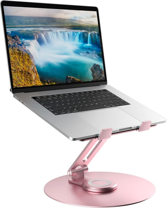 Swivel Laptop Stand for Desk, Adjustable Height Aluminum Computer Stand with 360 Rotating Base, Foldable Ergonomic Riser, Portable Laptop Holder Compatible with MacBook, All Laptops 10-17'', Pink
