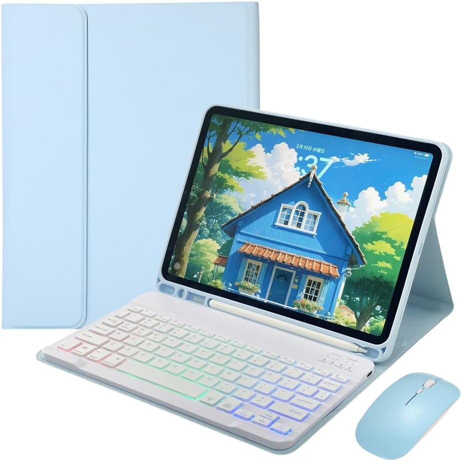 for iPad mini 7 (A17 Pro)/ iPad mini 6th 7th Generation Keyboard Case with Mouse and Rainbow Backlit Detachable Bluetooth Keyboard Cover,Light Llue
