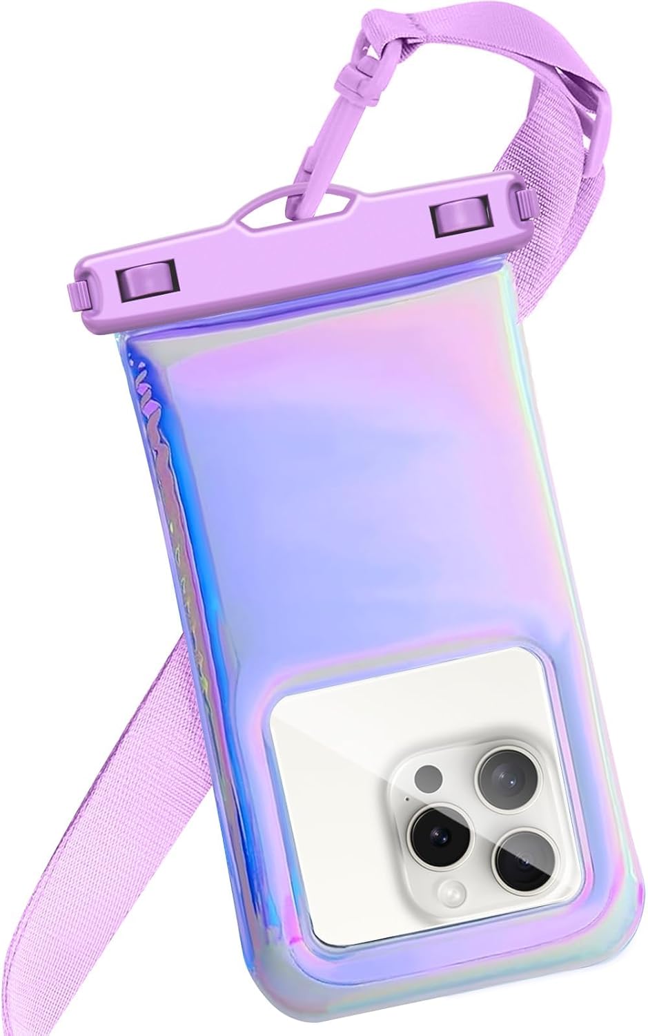 Floatable Waterproof Phone Pouch Case for iPhone 16 Pro Max/15/14/13/12, IP68 Travel Cellphone Dry Bag Beach Cruise Ship Essentials Bags with Crossbody Lanyard, Iridescent Purple-7″