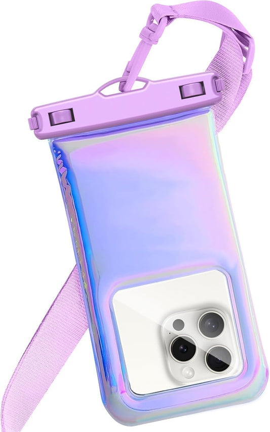 Floatable Waterproof Phone Pouch Case for iPhone 16 Pro Max/15/14/13/12, IP68 Travel Cellphone Dry Bag Beach Cruise Ship Essentials Bags with Crossbody Lanyard, Iridescent Purple-7″