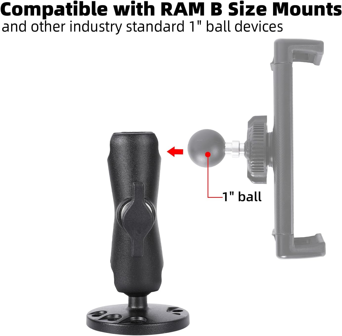 1" Ball Double Socket Arm with AMPS Hole Round Plate Base, Aluminum Alloy Arm&Drill Base, Compatible with RAM Mounts 1 Inch Ball Components, for Bike Car Motorcycle Phone Mount (4.53" Length)