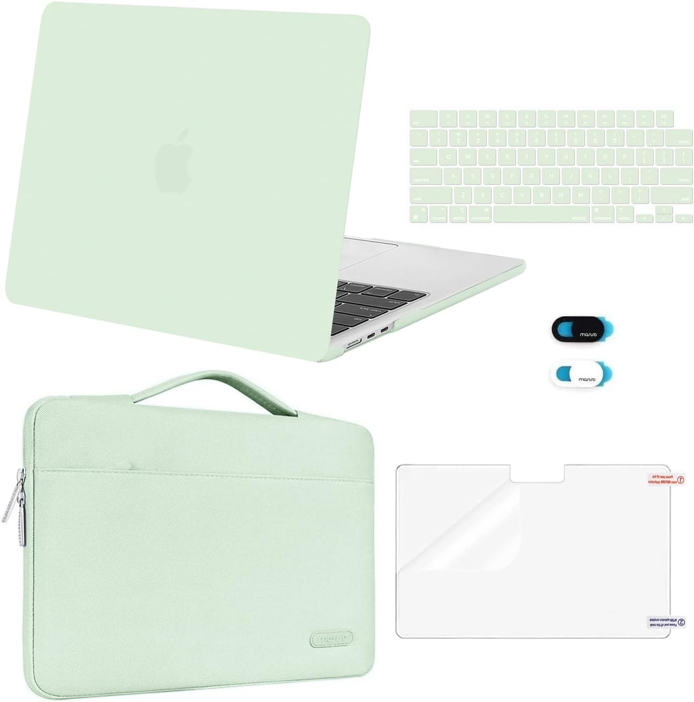 MOSISO Compatible with MacBook Air 13 inch Case 2025 2024 2023 2022 M4 A3240 M3 A3113 M2 A2681, Hard Shell&Sleeve Bag&Keyboard Skin&Webcam Cover&Screen Film for MacBook Air 13.6 inch, Tea Green