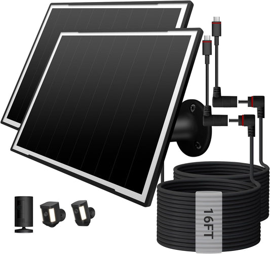 2-Pack Solar Panel Charger for Ring Camera, 8W High-Efficiency - Compatible with Ring Spotlight & Stick Up Cam Pro/Plus, 16ft Long Cable, 3.5mm to USB-C Adapter, IP65 Waterproof, Black