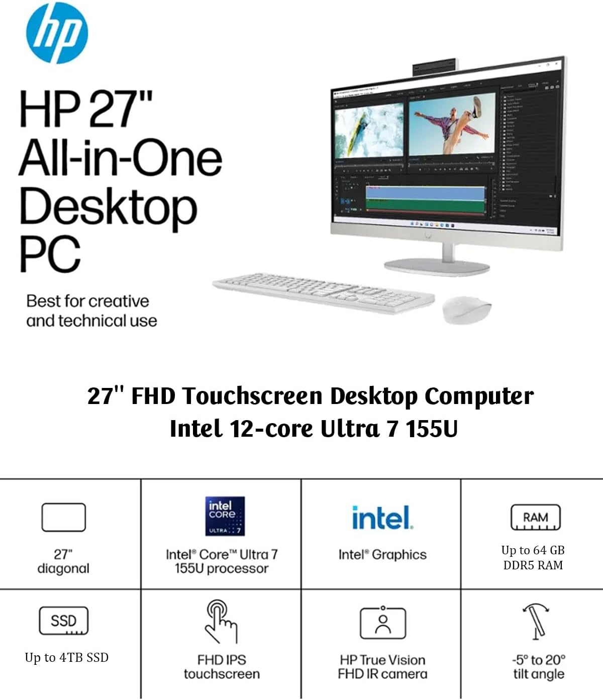 HP All-in-One Desktop - 27'' FHD Touchscreen Computer, Windows 11 Pro, Intel 12-core Ultra 7 155U(Beats i7-1355U), Wi-Fi 6, Bluetooth, Adjustable Height, Anti-Glare (32GB RAM | 2TB SSD)