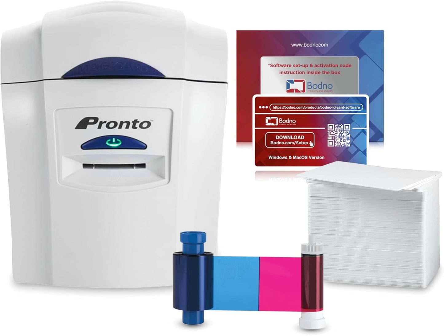 Bodno Magicard Pronto ID Card Printer & Complete Supplies Package ID Software - Silver Edition