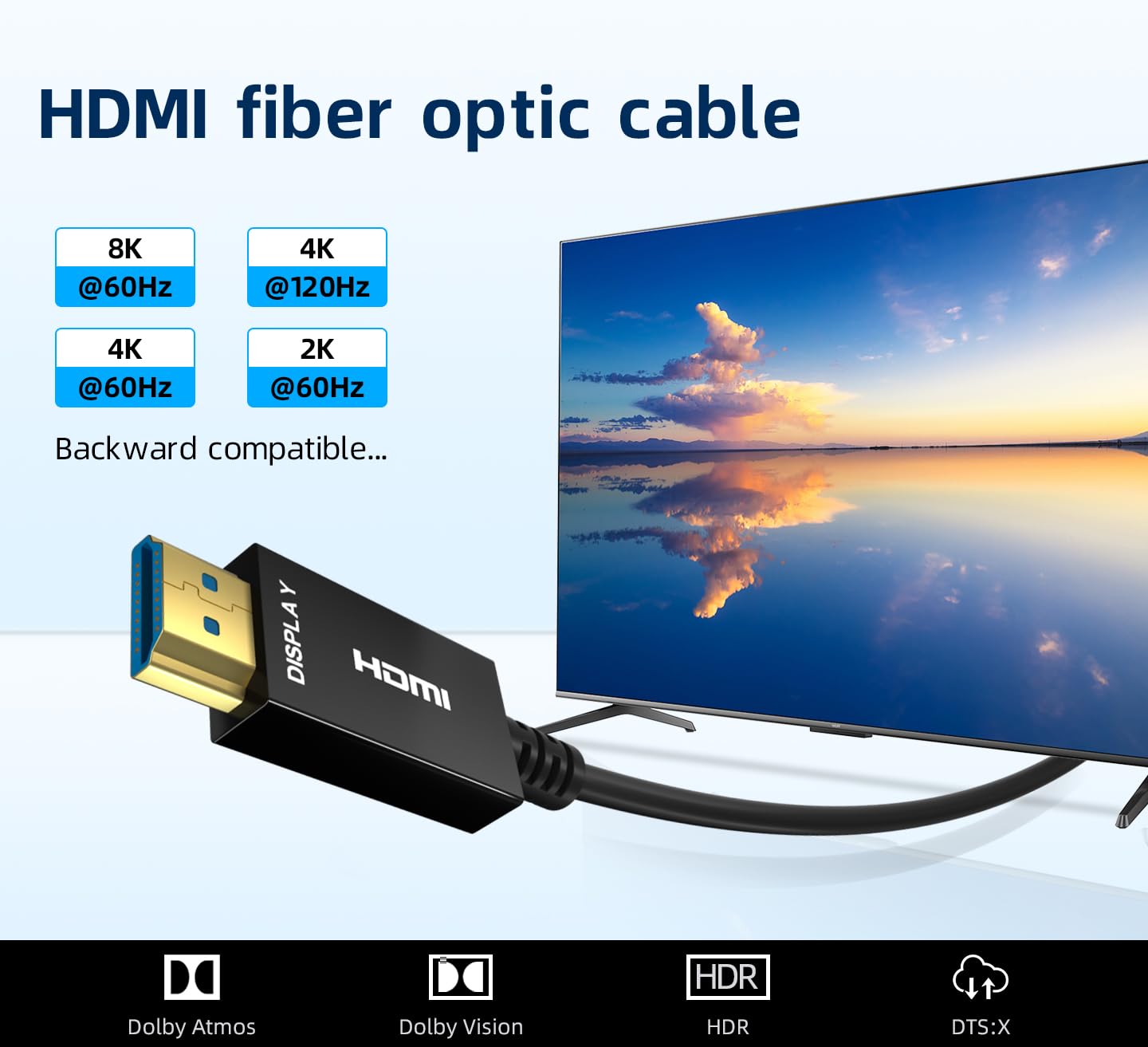 8K HDMI Fiber Optic Cable 65ft, 4K120 8K@60Hz HDMI 2.1 Cable, 48Gbps Ultra High Speed Slim HDMI Optical Audio Cable HDMI Cord, eARC HDR10 HDCP 2.2 Compatible with PS5 Xbox TV Projector