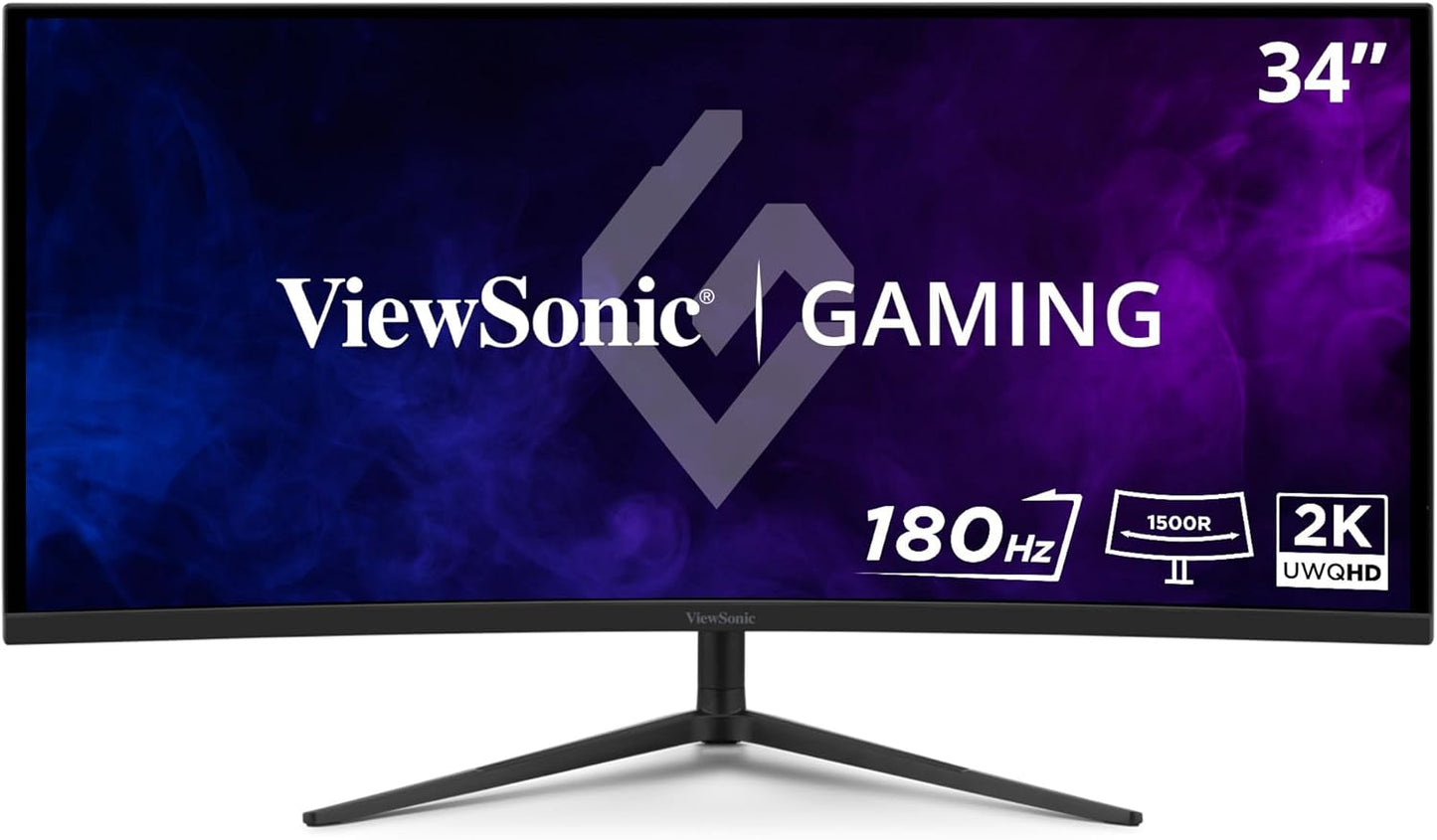 ViewSonic VX3418C-2K 34 Inch UltraWide QHD 1440p Curved Gaming Monitor with 180Hz, 1ms, 21:9, Advanced Ergonomics, FreeSync Premium, HDR10, HDMI, and DisplayPort Inputs