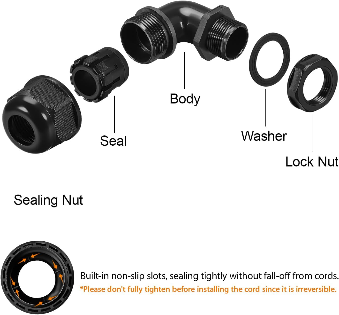 LeMotech M12 Cable Gland, 90 Degree Adjustable 4-8mm Strain Relief, Cord Connectors Nylon Joints with Gaskets, 6 Pcs, Black