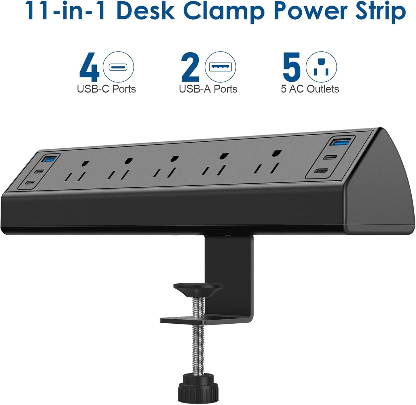 Desk Clamp Power Strip USB C,Under Desk Mount Power Station,20W Fast Charging,Fits 1.9'' Tabletop Edge,Desk Surge Protector,Perfect Home,Office Supplies (Black, 5 Outlets & 6 USB Ports & 20 FT Cable)