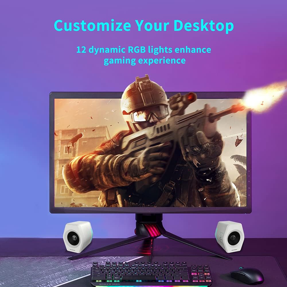 G2000 32W PC Computer Speakers for Gaming Desktop PC Laptop Mac Computer Woofer Speakers Bluetooth USB 3.5mm AUX Inputs RGB Lights Multimedia Speakers White