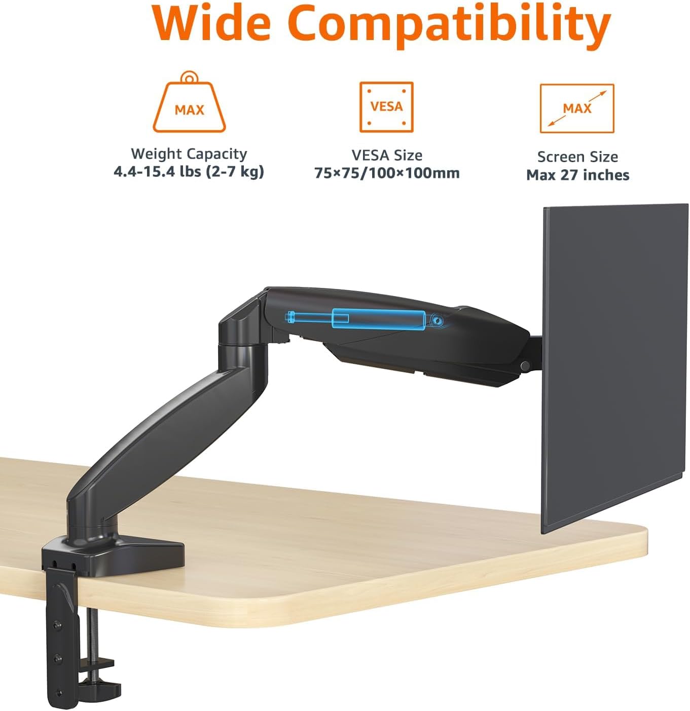 Amazon Basics Gas Spring Single Computer Monitor Arm Mount, Adjustable, Holds up to 27" Monitors, Black