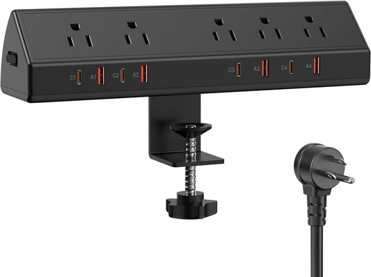 Desk Clamp Power Strip 65W Fast Charging Station,4 PD USB-C,5 Outlets,Nightstand Desk Edge Mount Tower Surge Protector,15 Amp Heavy Duty Power Strip,Fits 1.96" Tabletop Edge (Black, 6 FT Cable)