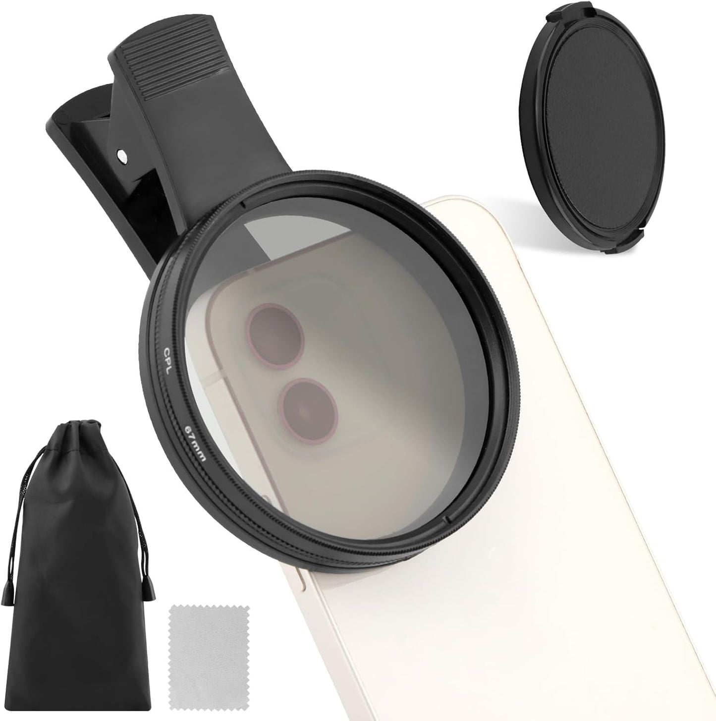 67MM Clip-on CPL Lens Filter for All Smartphones, Universal Phone Camera Clip Polarizing Lens, Portable Clip On Phone Filter Kit with Lens Cover and Storage Bag(Color:Black)