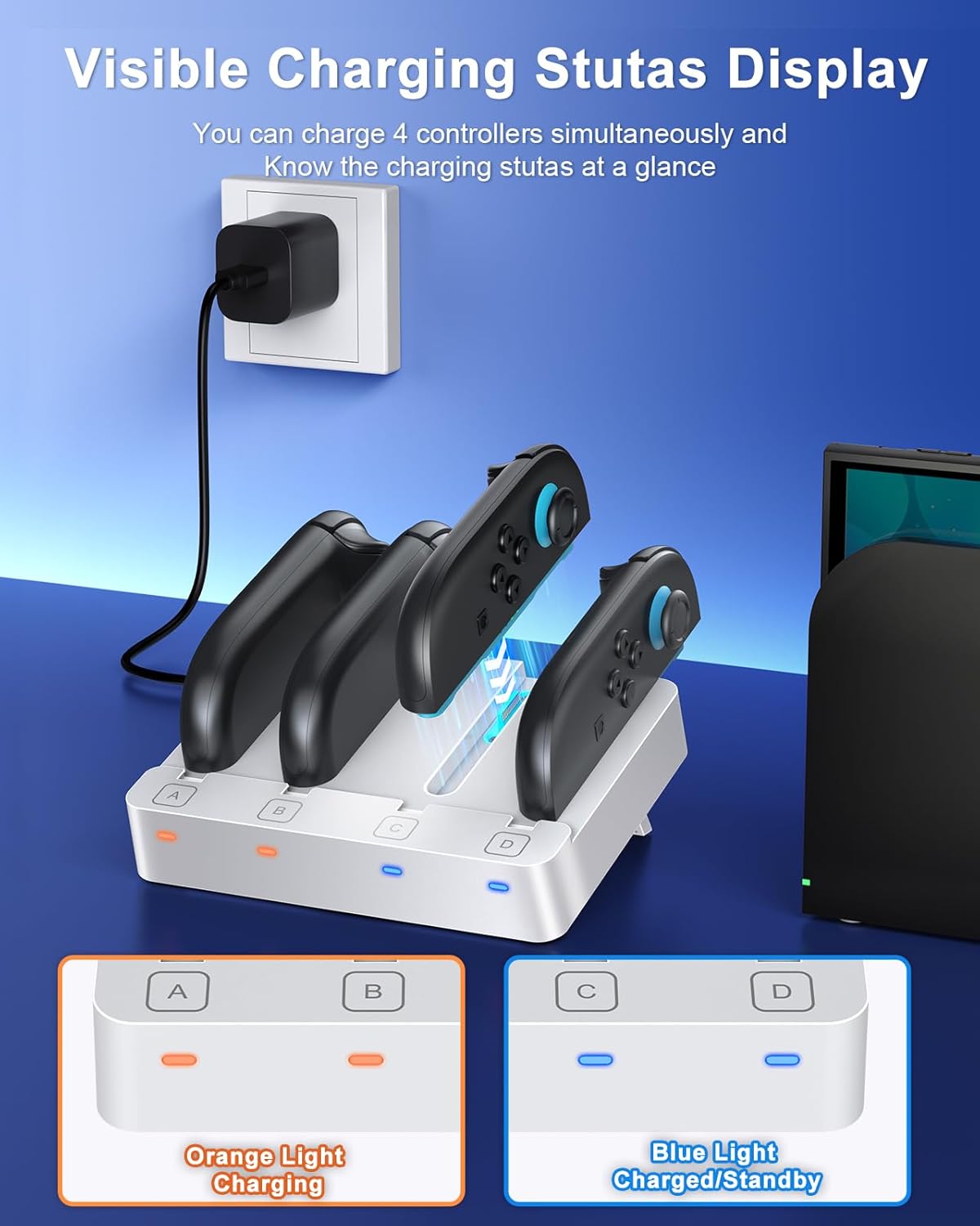 Charger for Nintendo Switch 2 and Switch 1 Controller, Horizontal Charging Dock Station for Joy con and for Joycon 2 Accessories with Foldable Storage Stand (White)